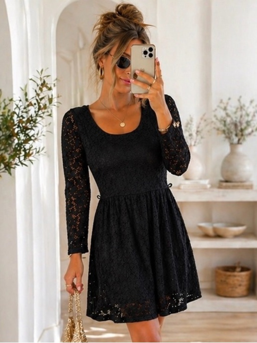 Ardene Black Lace Fit & Flare Dress Size L | Long Sleeve Open Back Party Dress